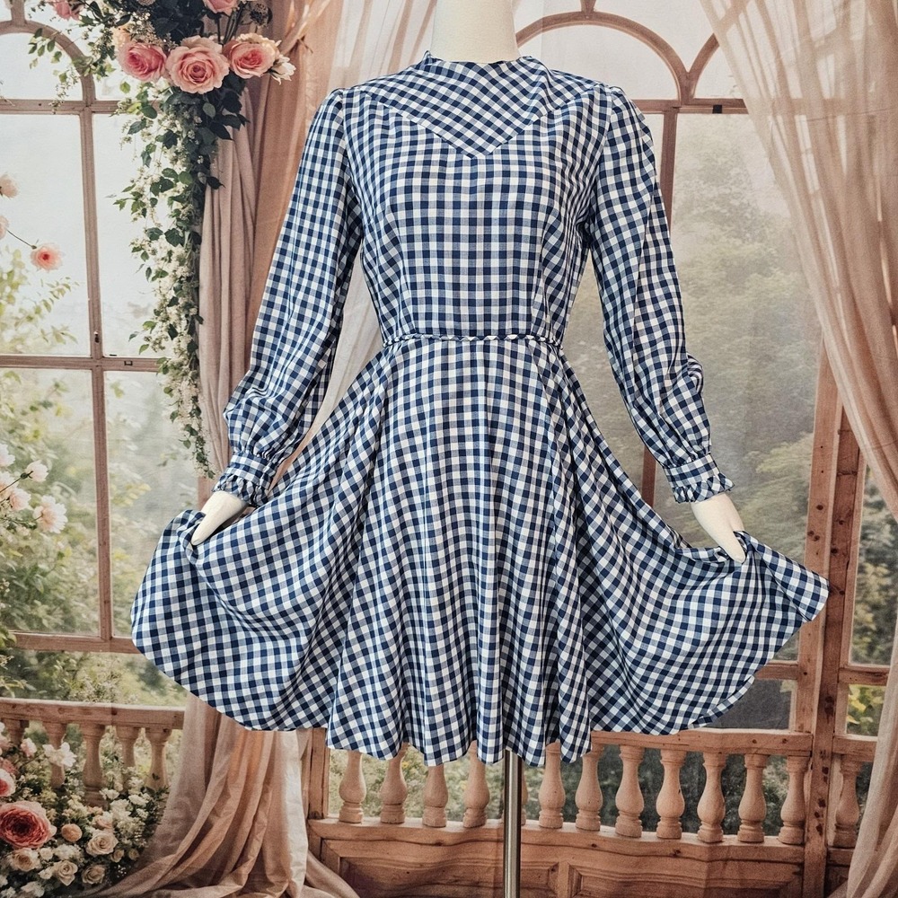 Vintage 1950s Dress Fit and Flare Gingam Check Blue White Ruffled Cuffs Pinup